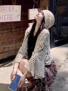 Bohemian Hollow out Khaki Knitted Cardigan Womens Spring Summer Vacation Style Strap Outer Sun Protection Shawl Cover up