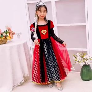 Girls Queen of Hearts Cosplay Dress Black White Checkered Skirt with Red Tulle Kids Halloween Costume Theme Party Outfit