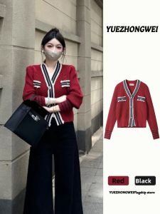 YUEZHONGWEI | Red V-neck Lace Patchwork Fitted Short Knit Cardigan