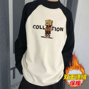 Áo Thun Nam Cổ Cao Dày Dặn Mùa Đông 2025 Phong Cách Mỹ Lót Lông Cừu Dày Dặn Ấm Áp Màu Tương Phản Áo Khoác Ngoài