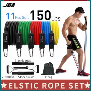 JBA ฟิตเนส Elastic Rope ชุด 11 ชิ้น 10/20/30/40/50lbs พร้อมที่จับอุปกรณ์เสริมและกระเป๋าเก็บของในร่มฟิตเนสร่างกายเต็มรูปแบบกล้ามเนื้อการฝึกอบรมวง