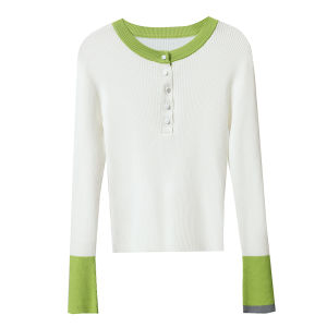 AMII | Quần Áo Knitwear Cổ Tròn Màu Đối Chọi Nửa Placket Ôm Sát Phong Cách Đi Làm