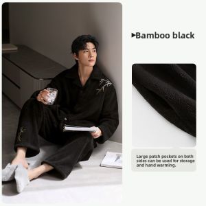 yuenei | YueNei Mens Fleece Lined Coral Velvet Thickened Winter Pajamas Set Casual Long Sleeve Sleepwear Home Clothes Black Chinese Style