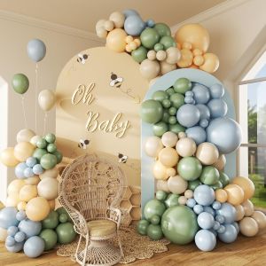 146pc Dusty Blue & Sage Green Balloon Arch Kit w/ Pastel Nude Sand White Latex Balloons for Bear Theme Birthday Wedding Baby Sho