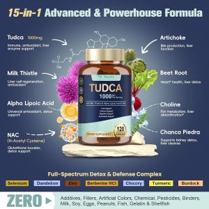Totaria 15-in-1 TUDCA Liver Supplement 1000mg with Milk Thistle ALA NAC Ultra Strength TUDCA (Tauroursodeoxycholic Acid) Bile Salts Liver and Gallbladder Cleanse & Repair Vegan 120 Counts