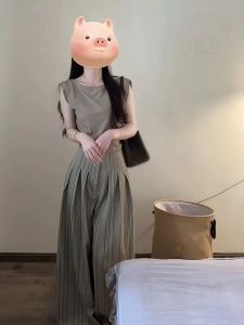 VKSOD | Korean Retro Sleeveless Vest High Waist Loose Womens Two-Piece Set Summer Slimming Wide Leg Pants Casual Round Neck Top