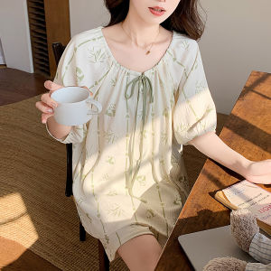 miiow | Cat Woman Short Sleeve Sleepwear Set Ice Silk Cool Feeling Womens Outwear Home Clothes With Chest Pad Summer Lightweight Casual