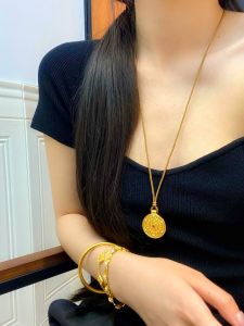 Elegant Long Gold Colored Enamel Necklace for Women Woven Cord Sweater Chain round Pendant Traditional Chinese Style Jewelry