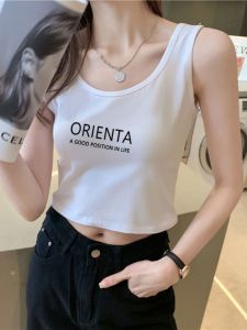 Short Sleeve Tank Top Womens Versatile Letter Print Sports Base Korean Style Summer Under and Outerwear Cotton Polyurethane Blend