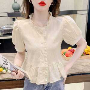 Fashionable Chiffon Bubble Sleeve Shirt Womens Summer New Style Sweet Slimming Versatile Lace Trimmed Top Korean Loose Fit
