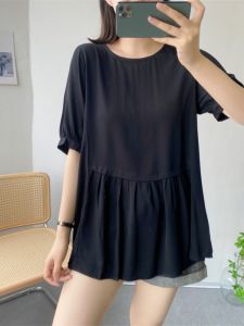 Cotton Silk Womens Summer T-shirt Loose K-style Crewneck Round Neck Pure Color Short Sleeve Work Clothing Artsy Patchwork