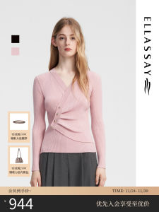 ELLASSAy Autumn WinterNew Style Thin Sweater Casual Daily Pleated Slimming Womens Knitted Sweater Wool Fabric Button Detail