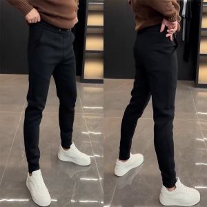 New 2024 Mens Pure Color Sporty Casual Pants Elastic Slim Fit Korean Style Spring Summer Trendy Sweatpants Straight Leg Long Trousers
