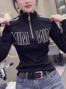 Fashionable Zipper Stand Collar Base Shirt Casual Simple Commute Solid Color T-Shirt Women Spring New Style Elegant All-Match