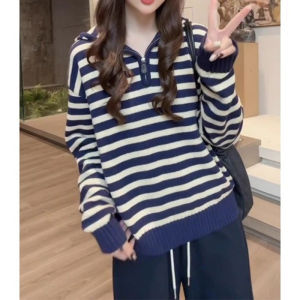 YUEZHONGWEI | Korean Style Hooded Stripe Half Zip Oversized Sweater