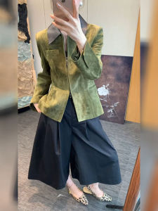 DANTING | Vintage Elegant Slim Green Suede Jacket Autumn 2026