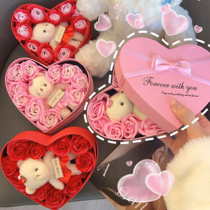 Valentines Day Soap Rose Gift Box Gift Little Bear Heart-Shaped Flower Gift Box for Mothers Day Wedding Birthday Party Decoration