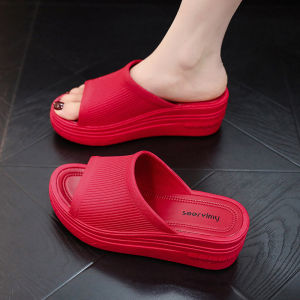 Womens High Heel Slippers Summer Casual Outdoor Home Wedge Heel Rain Shoes Waterproof Non-Slip Beach One-Strap Cool Slippers