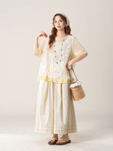 SHANGWEILUO | Lace Crochet Spaghetti Strap Top Female Summer Wear Loose Short Sleeve T-shirt Wide Leg Pants Set
