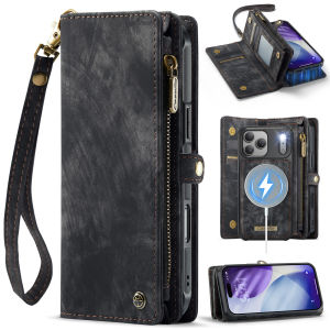 for iPhone 17 pro max air 16 15 14 13 12 Case with 8 Card Slots Magnetic Closure Zipper Pocket Pouch Flip Detachable Magnetic 2 in 1 Design Premium Leather PU with Lanyard Strap Wristlet - Brown