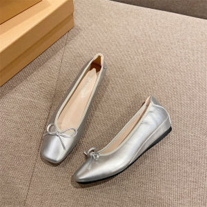 Invisible Wedge French Style Silver Square Toe Bows Flats Spring New Arrival 3cm Hidden Heel Mid Heel Flat Womens Shoes