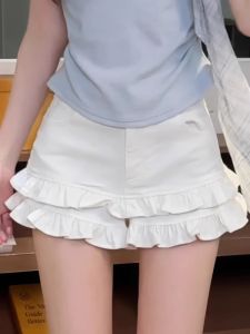 White Lace Hem High Waist Slimming Casual Shorts Women Summer 2025 New plus Size Hot A-Line Mini Skirt Denim Jeans