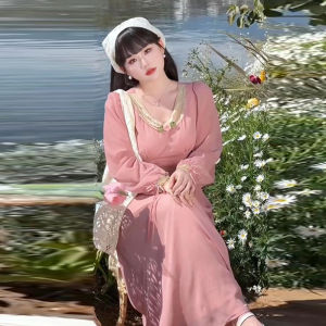 ชุดเดรสคอวีสีชมพูไซส์ใหญ่ กระโปรงทรงเอเอวสูง แขนยาว ทรงหลวม สไตล์หวาน ชุดเจ้าหญิง ชุดเดรสผู้หญิง