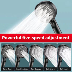 High Pressure Five-speed Shower Hand Large Spray Supercharged Shower Head Black Hand-held Shower Head +1.5M Black Hose+base Sets