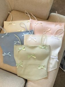 GUZILIAN | Sweet Butterfly Knot Mini Strap Vest Womens Outerwear Soft Style Summer With Chest Pad Inner Match Base Short Top