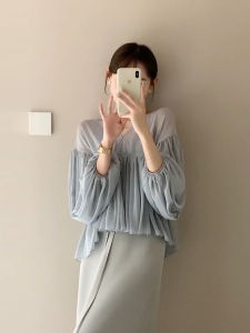 Elegant French Blue Chiffon Shirt Womens Summer New Style Doll Top Fashionable Casual Commute Korean Version Long Sleeve
