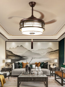 New Chinese Style Fan-Style Ceiling Lamp Bedroom Living Room Solid Wood Invisible For Home Chinese Style Retro Fan Frequency Conversion Restaurant Chandelier