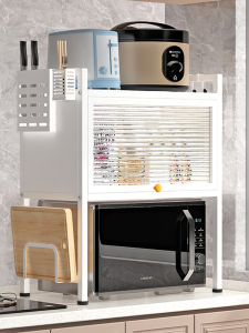 Kitchen Countertop Microwave Oven Rack with Cabinet Door Multi-Functional Spice Bowl Dish Holder Dustproof Oven Storage Cabinet