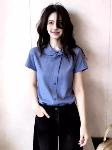 ZHILU | Ribbon Checked Peter Pan Collar Short Sleeve Blouse