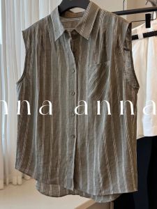 YEBO | Plus Size Striped Linen Sleeveless Shirt
