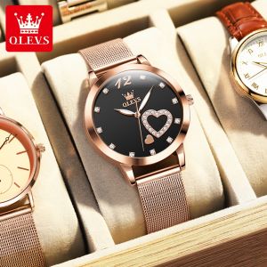 OLEVS 5189 Simple Quartz Watch for Women Diamond Love Heart Design Fashion Elegant Rose Gold Steel Strap Waterproof Ladies Watch