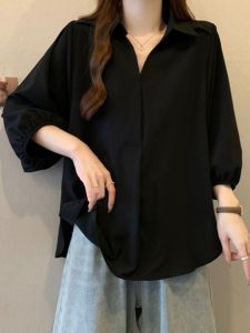 AIYITI | French Style Black 3/4 Sleeve Loose Fit Shirt