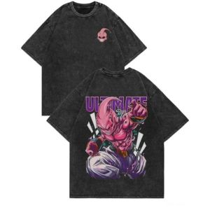 Dragon Ball Mens and Womens Washed T-Shirt Majin Buu Summer and Spring Anime Cotton Tee Retro Distressed Punk Short Sleeve