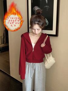 เสื้อแจ็คเก็ตฮู้ดสั้นสีแดง ทรงหลวม แขนยาว ปกโปโล ผ้าฝ้ายผสม ฤดูใบไม้ร่วง/ฤดูหนาว สำหรับผู้หญิง แฟชั่นลำลอง