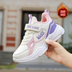 ABC Girls Winter Fleece Lined Warm Cotton Shoes Soft Bottom Sports Shoes Leather Surface Waterproof Shoes for Children