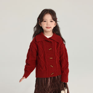 Áo Len Dệt Kim Dày Màu Đỏ Cho Bé Gái Áo Khoác Cardigan Cho Bé Gái Mùa Thu Đông Áo Khoác Ngoài Cho Trẻ Em Quần Áo Trẻ Em