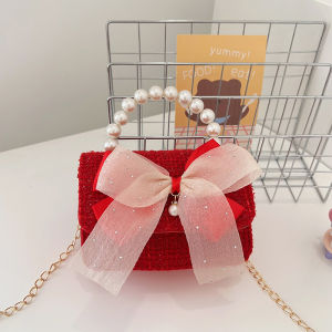Red Tea Rose Pearl Childrens Crossbody Handbag Small Girls Coin Purse Chain Strap Dual-use Bag Fashionable Kids Bag