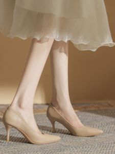 Comfortable Soft Leather Womens High Heels Barely There Footwear Professional Sharp Pointed Toe Slip-On Summer Fashion Shoes