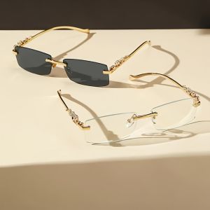 2pcs Business Rectangular Sun Glasses Luxury Rimless Uv400 Cheetah Men Sunglasses