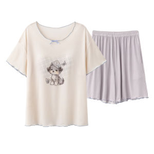 Miiow | Cat Woman Summer Ice Silk Sleepwear Set Short Sleeve Shorts Plus Size Outdoor Wearable Home Clothes Youth Casual Comfortable