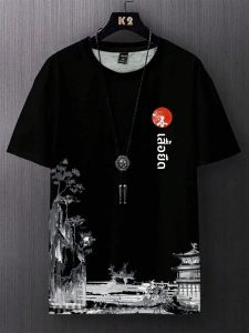 ฤดูร้อนใหม่ผู้ชายภูมิทัศน์พิมพ์สบายและระบายอากาศได้ดีเสื้อยืดคอกลมกลางแจ้งสไตล์สตรีท