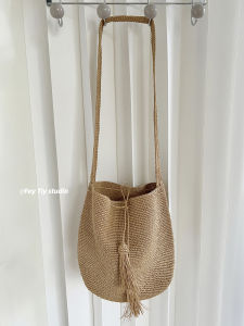 Feytiy Large Capacity Straw Woven Bucket Bag Shoulder Tote Bag Versatile Striped Crossbody Bag Korean Style Commuter Bag