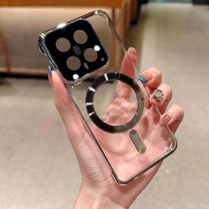 Ultra-Thin Transparent Electroplated Phone Case for Xiaomi 14 pro Full Lens Coverage Magnetic Wireless Charging Compatible with 14 Ultra