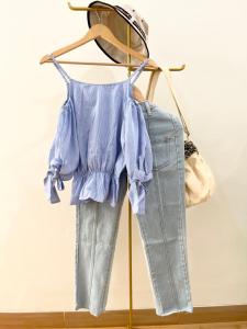 ●ECLAIRE● 0IS Blouse Lengan Cold-shoulder Salur Stripe Garis-garis Pita Ribbon Kasual Santai Mode Pantai