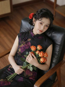 New Flower Color Slender Breathable Sleeveless Daily Wear Black Modified Chinese Style Qipao