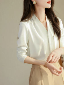 French V-Neck Satin Shirt Womens Spring Summer Autumn Winter Office Commute OL Chiffon Top Layering Base Shirt Korean Style Loose Fit